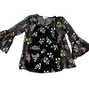 Solitaire Size S Womens Black Sheer Floral Embroidered Bell Sleeve Top